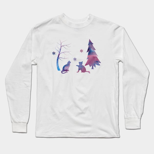 Simple Winter Scene With Cats Long Sleeve T-Shirt by BittenByErmines